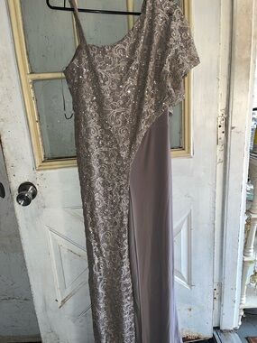 R & M Richards Taupe One-Shoulder Sequin Lace Evening Gown